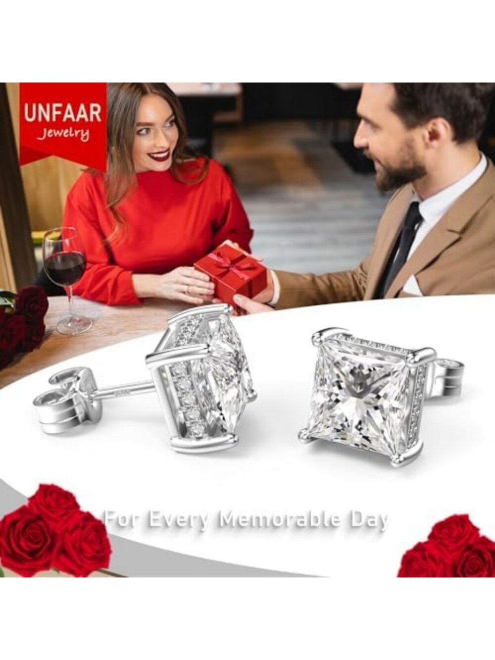 Elegant Princess Cut Cubic Zirconia Diamond Stud Earrings for Men - Perfect - Picture 5 of 6